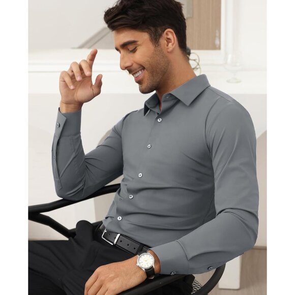 Men Silver Long Sleeve Slim Muscle Fit Wrinkle Free Button Down Dress Shirts - Picture 5 of 9